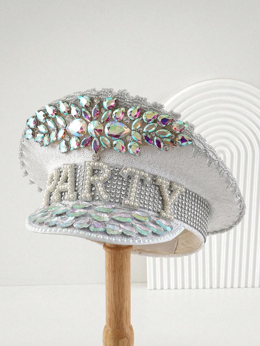 Gorra militar con brillo, perlas y rhinestones - Accesorios para el atuendo de festivales de música y raves para mujeres - Plateado - Ver 1