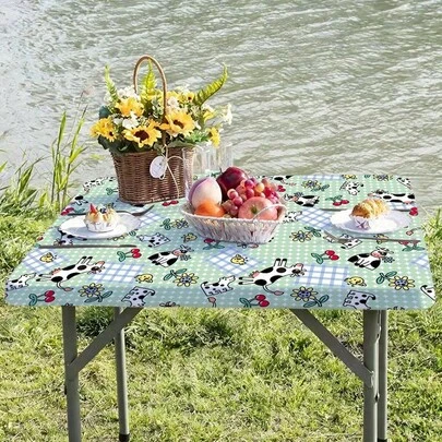 1pc Farmhouse Style Outdoor Elastic Tablecloth With Cow, Pig And Chicken Patterns - Easy To Clean, Suitable For Kitchen, Dining Room, Party, Picnic, Garden And Holiday Home Decor, Garden Tablecloth
