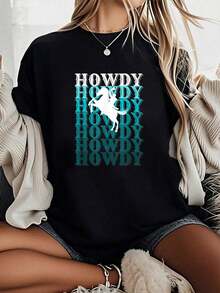 Camiseta Unisex 100% Algodón con Estampado Divertido de Caballos, Estilo Boho Occidental Campestre, 100% Algodón, Cuello Redondo - Negro - Ver 6