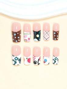 24pcs Medium Square Press-On Nails, Y2K Style Upgrade Your Manicure! Includes Soft Pink Striped, Cute Blue-Green Floral, Wide French Tip, Retro Elegant Solid Brown, Colorful Polka Dot, Asymmetric Round French Nail Stickers. Suitable For Women And Girls. Contains 1 Adhesive Sticker And 1 Mini Gel Sticker. Randomly Shipped. Nail Supplies - 多色 2 - 查看 5
