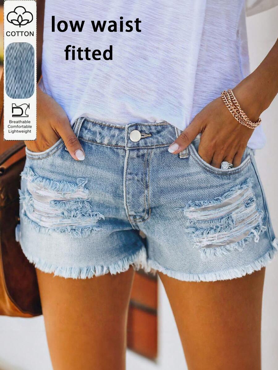 Fashionable Casual Vacation Style Washed Frayed Distressed Loose Women Denim Shorts Summer - Light Wash - View 1