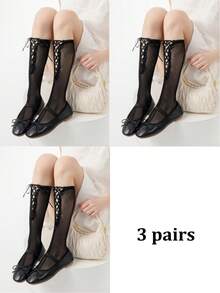 1/3 Pairs Spring/Summer Thin Knee-High Socks, Ballet-Style Criss-Cross Leg Warmers, Lolita Bow Knee Socks, Mesh Hollow Thigh-High Socks, No-Show Ankle Socks, Straight-Cut Socks - Multicolor - View 25