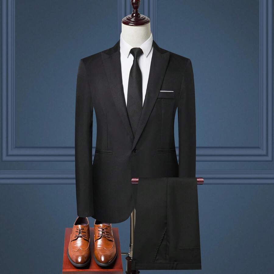 2026 Men's Suit Set, European And American Fashion Solid Color Business Casual Two-Piece Suit - 黑色 - 查看 1