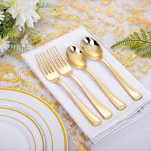 150/100/50/25/12件套可重复使用且易于清洁的金色餐具套装，适用于甜点、沙拉、蛋糕，适合多人用餐，可用于日常用餐、家庭聚会、生日派对、宴会、婚礼、节日和其他场合（提供多种尺寸组合，适合任何用餐人数）。 - 金色 - 查看 6