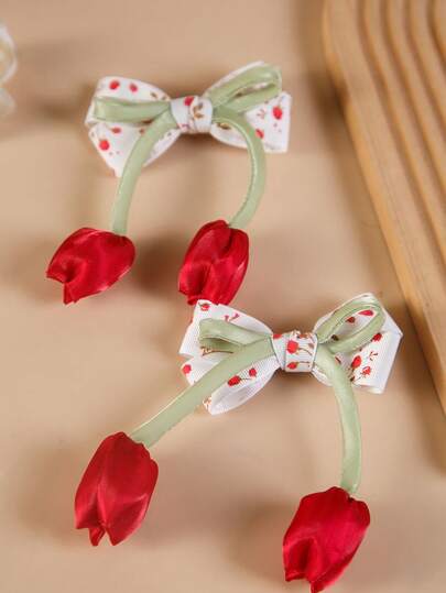 2pcs New Tulip Floral Bow Hair Clips, Suitable For Daily Wear, Gifts For Friends, Countryside Style, Girly, Beach Vacation