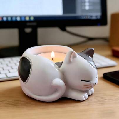 1个可爱猫形树脂烛台，舒适的家居装饰香薰烛台，送给爱猫人士的可爱礼物