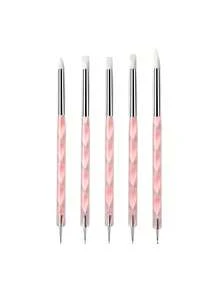 5Pcs Dual-End Nail Silicone Brushes Nail Art Dotting Pens, Sculpture Pen Set, Clay Sculpting Drawing Tools UV Gel Dotting Drawing Painting Pen - Pink - View 6