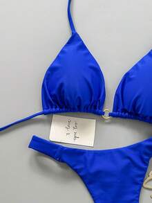 女士夏季沙滩纯色吊带系带性感比基尼三角泳衣套装度假装 - 藍色 - 查看 4