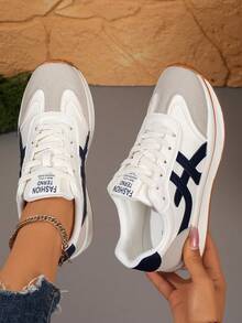 女士休闲运动鞋，平底厚底，一脚蹬，时尚百搭，舒适轻便，系带跑步鞋，圆头，透气 - 藍色 - 查看 2