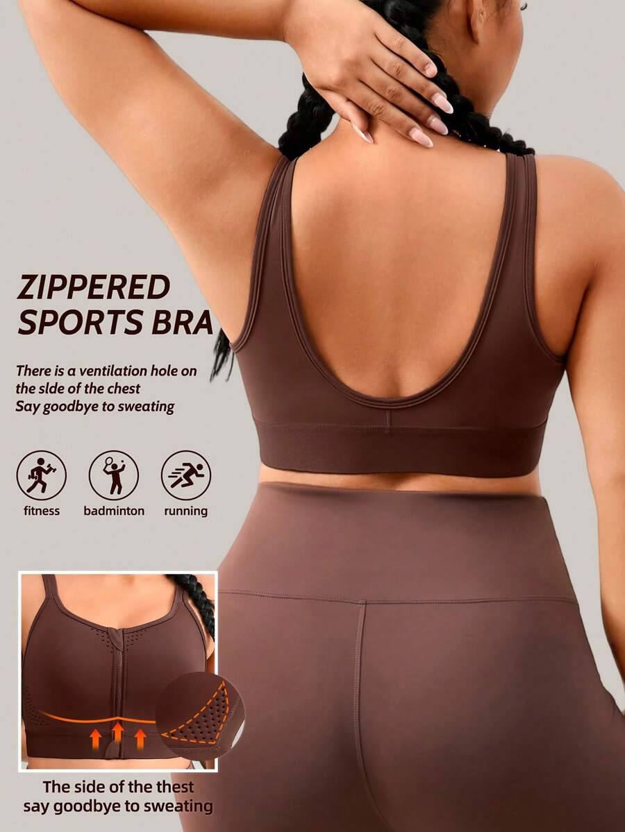 1pc Plus Size Women's Sports Bra, Adjustable Back Support, Front Zipper Closure, Casual Wear Camisole For Spring/Summer - Coffee Brown - View 1