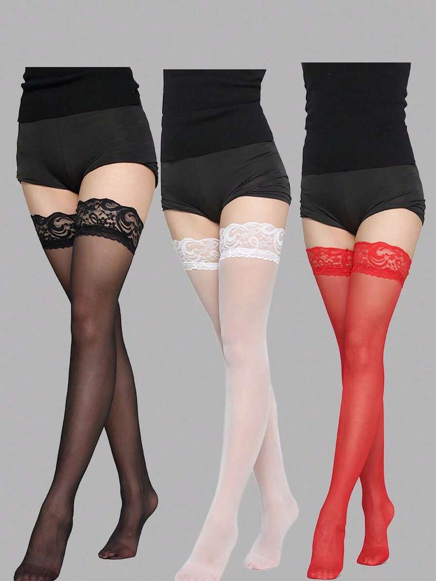 Tres pares de medias de encaje para mujer, perfectas para el uso casual diario, ideales para el milenio. - 1 pieza roja - Ver 1