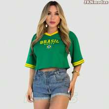 Women's Oversized Cropped Top With Brazil Print, 100% Cotton, Prime Fabric, World Cup 2026, Blouse, T-Shirt, International Fashion. - 綠色 - 查看 1
