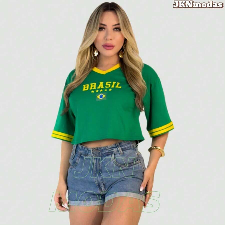 Women's Oversized Cropped Top With Brazil Print, 100% Cotton, Prime Fabric, World Cup 2026, Blouse, T-Shirt, International Fashion. - 綠色 - 查看 1