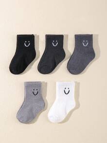 5 Pairs/pack Baby Smile Face Solid Color Socks - Multicolor - View 5