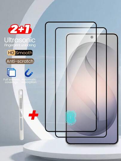 Alloy Android Phone Screen Protector [3-In-1] 2pcs High Aluminum Alloy Fingerprint Unlock Screen Protector For Galaxy S26 Ultra/S26/S26+, High Definition, Support Fingerprint Unlock, Anti-Scratch, Bubble-Free, 0.18mm Ultra-Thin + Silver Metal Integrated Speaker Grille, Charging Port Dust Plug, Anti-Scratch Metal Film Spring Gift