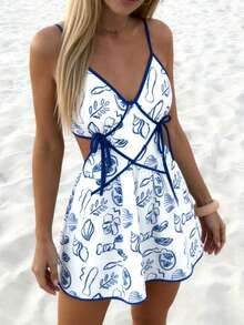 Women's Spring/Summer New Fashionable Casual Spaghetti Strap Backless Tie-Up Printed Blue Bodycon Mini Dress, Suitable For Beach, Vacation, Brunch - Blue - View 3