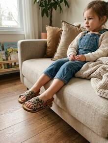 Fashionable And Versatile - 3-12 Year Old Leopard Print Cross-Strap Open-Toe Children's Sandals. Canvas Texture Leopard Print Pattern + Caramel Brown Leather Back Strap. Cross Straps With Adjustable . Soft Wood Midsole With Anti-Slip Rubber Sole. American Retro Street Style. Daily Casual Wear. Spring/Summer Outerwear Sandals! - Mocha Brown - View 8