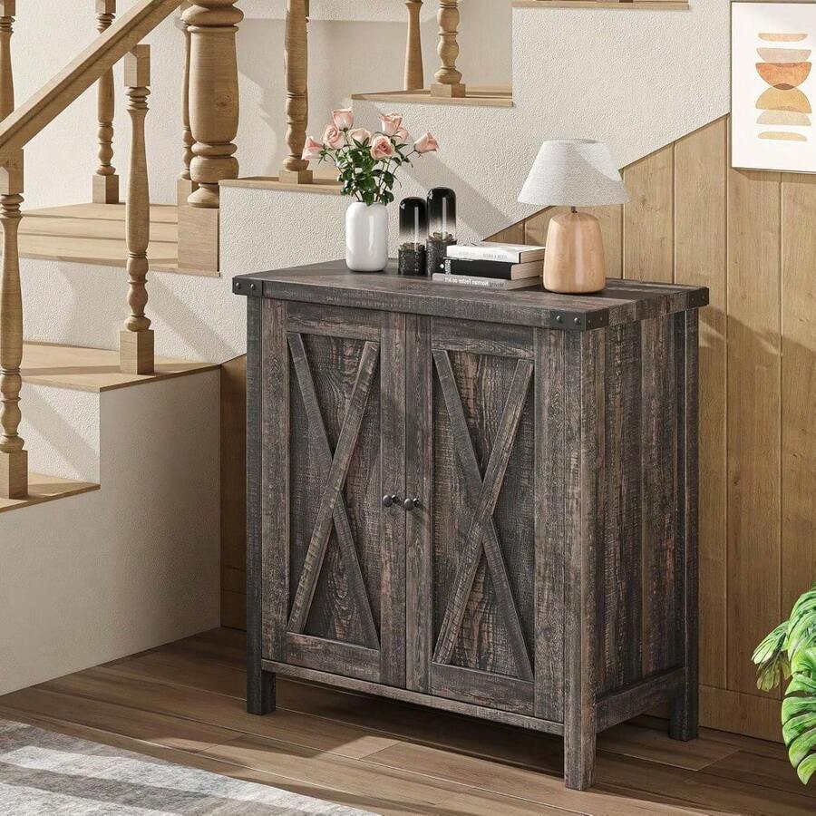 Gabinete de aparador, pequeño gabinete de buffet de aparador, accesorio de la casa de campo con 2 puertas y estantes ajustables para la cocina Café Bar Sala de estar Pasillo - Roble oscuro - Ver 1