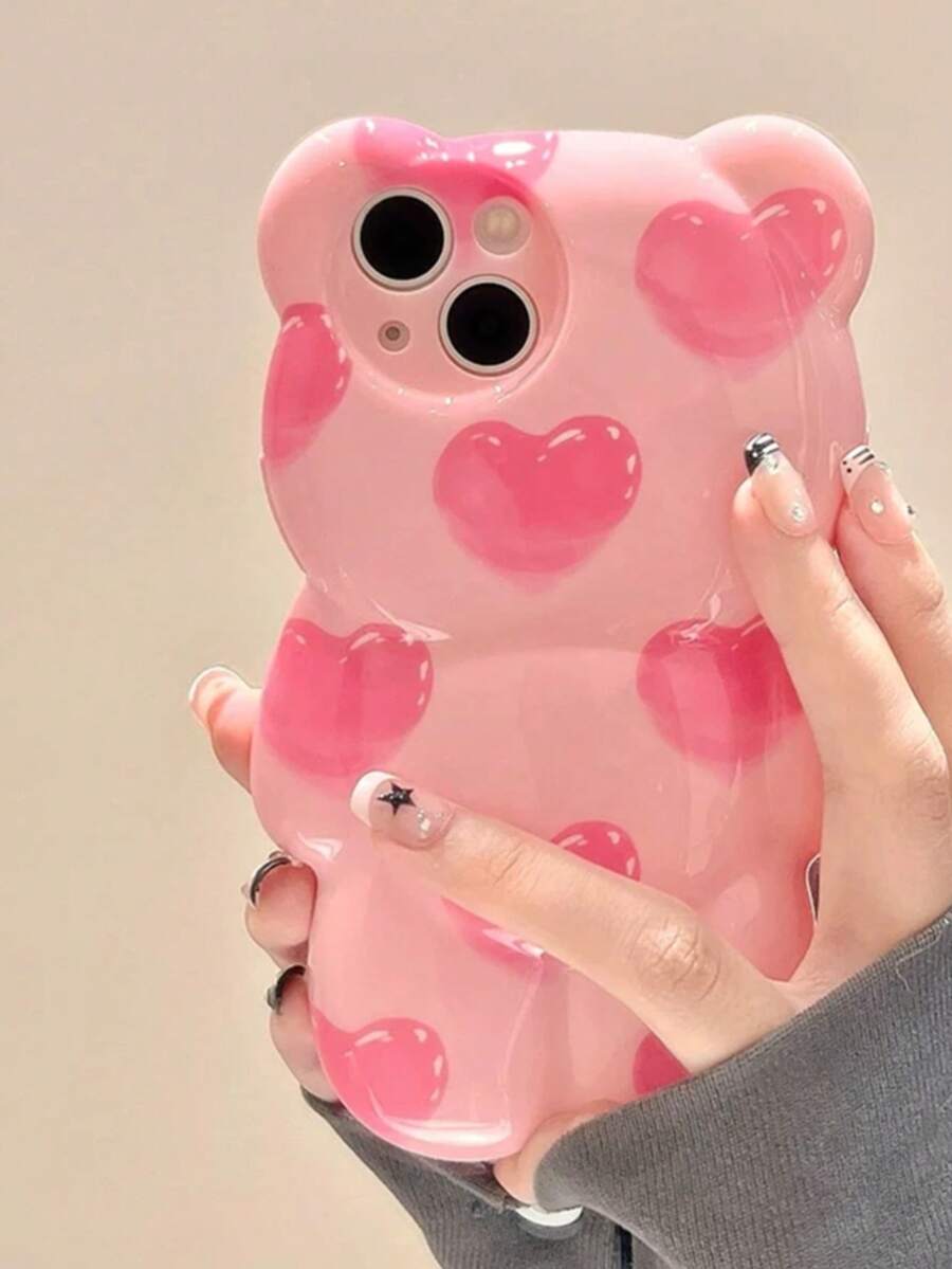 Pink Cute Heart Pattern Novelty 1pc 3D Cartoon Cute Bear & Pig Design Protective Phone Case, Compatible With Iphone 15 Pro Max, 16 Pro, 14, 13, 11, 12, 17 Pro Max, 17 Pro, 17, Creative Shockproof High-Quality Spring Easter Gift For Relatives, Friends, Family - Pink - View 1