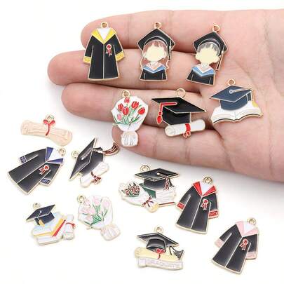 15pcs Assorted Alloy Jewelry Accessories, Including Graduation Cap, Flower, Diploma Charms, Suitable For DIY Jewelry Making, Graduation Season Decorations (Random Style)