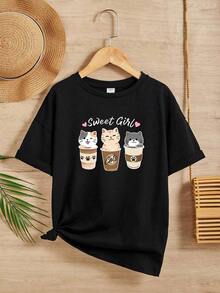 Chica adolescente Camiseta de hombros caídos con estampado de dibujos animados y letra - Negro - Ver 7