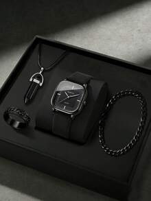 4PCS Simple Casual Men's Quartz Watch, Fashionable And Minimalist Men's Black Watch Accessory Set. Includes A Square Dial Black Leather Strap Watch, Geometric Pendant Necklace, Ring, And Chunky Chain Bracelet. - Black - View 1
