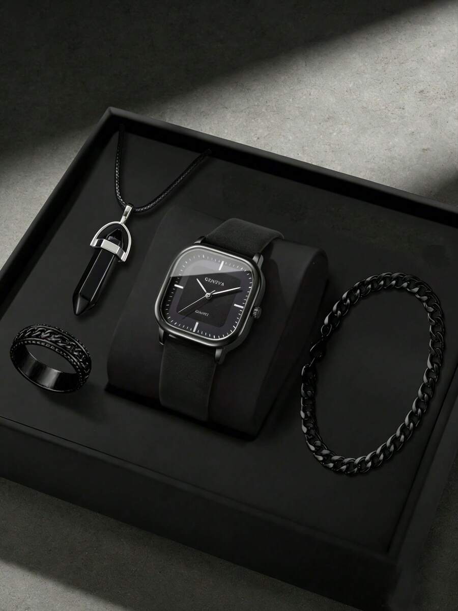 4PCS Simple Casual Men's Quartz Watch, Fashionable And Minimalist Men's Black Watch Accessory Set. Includes A Square Dial Black Leather Strap Watch, Geometric Pendant Necklace, Ring, And Chunky Chain Bracelet. - Black - View 1