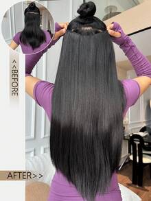 24 Inch One-Piece V-Curly Synthetic Hair Extensions, Long Straight Style, Clip-In Hairpieces For Women - Black Brown - View 4