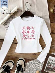 2026 Nouvelle Arrivée Printemps, Style décontracté Élégant Y2k, T-shirt long en coton blanc ajusté pour femme avec un charmant imprimé étoile de mer, parfait pour le confort quotidien et les tenues de plage d'été ou les activités de loisirs - Blanc - Voir 1