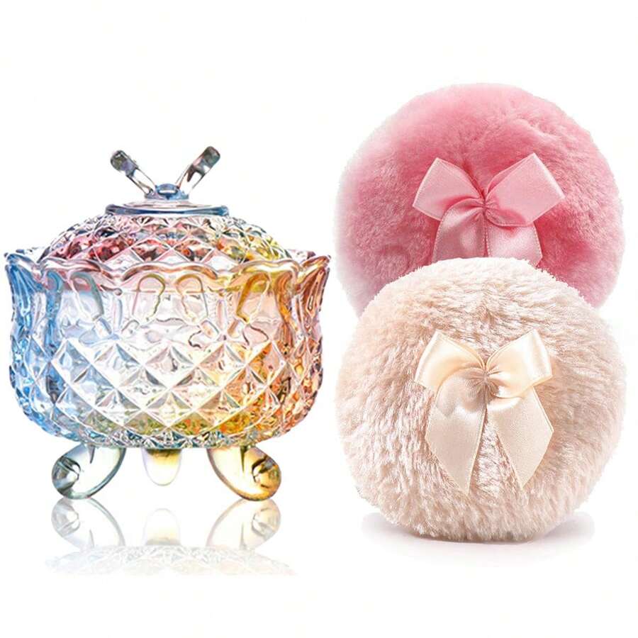 Luxury 4 Inch Glass Powder Container With 2 Soft Puffs For Loose Powder - 1 Beige 1 Pink Bow Puffs With Butterfly-colorful - View 1