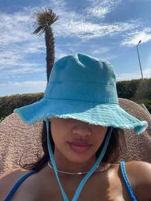 1pc Women's Drawstring Trim Bucket Hat, Adjustable Chin Strap Design, Distressed Finish, Soft Fabric, Sun Protection, Windproof, Fashionable, Suitable For Travel, Beach, Vacation, Casual Daily Use - Off White - View 4