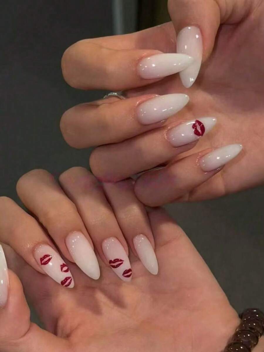 10pcs Valentine's Day Nail Stickers, Handmade, Long Pointed Design: Cream White Base With Red Lip Print, Pure Y2K Style Handmade False Nails, Reusable, Includes Jelly Gel And Professional Nail File. - Follow Your Heart - View 1