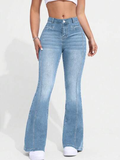 Mezclilla Flare jeans Vaqueros largos estilo bohemio chic para mujer, tiro alto, diseño acampanado con botones y cremallera pantalones acampanado de mujer