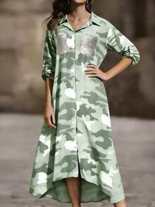 Camo  All Over Print    Casual  Boho    Pocket  Button Front  High Low - Multicolor - View 2