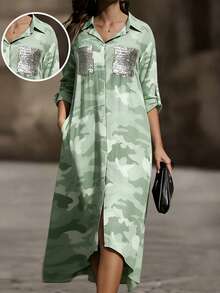 Camo  All Over Print    Casual  Boho    Pocket  Button Front  High Low - Multicolor - View 1