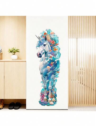 Väggklistermärke med drömlikt havsenhörning, blått och vitt ombrevågigt tropiskt fiskmosaiktema, lämpligt för barnrum, sovrumsbakgrund, familjehem, havstemarum, förskolecenter, naturhörna, barnbokhandel, vetenskapsvägg och fler scenarier, självhäftande berättande fantasikonst