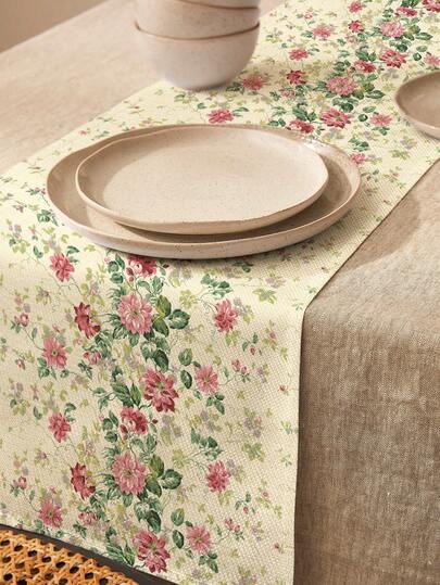 1 pieza Camino de mesa de lino con estampado floral vintage elegante, adecuado para fiestas, cumpleaños, cenas, decoración de cocina y comedor, cubierta de aparador/gabinete, decoración y textil para el hogar en todas las estaciones