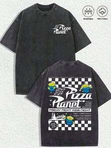 Disney Vintage Washed Cotton Three-Eyed Alien Pizza Planet Print T-Shirt, Oversized Crewneck, 100% Soft Cotton, Retro Black Streetwear, Unisex For Daily Wear & Holiday Gifting - 黑色 - 查看 3