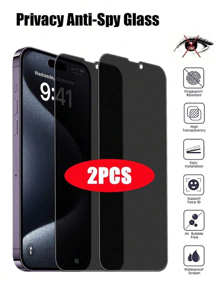 BOLLYMORE 2片装钢化玻璃屏幕保护膜，防窥、防水、防震、防刮，适用于 17 Pro Max/17 Pro/17E/16/15/14/13/12/11 XR/XS/Pro Max PLUS - 2個 - 查看 15