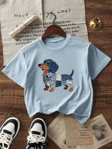 女士夏季新款休闲标语印花宽松圆领短袖T恤，时尚日常度假穿搭，适合日常及节假日穿着。女士T恤上衣。 - 淺藍色 - 查看 4