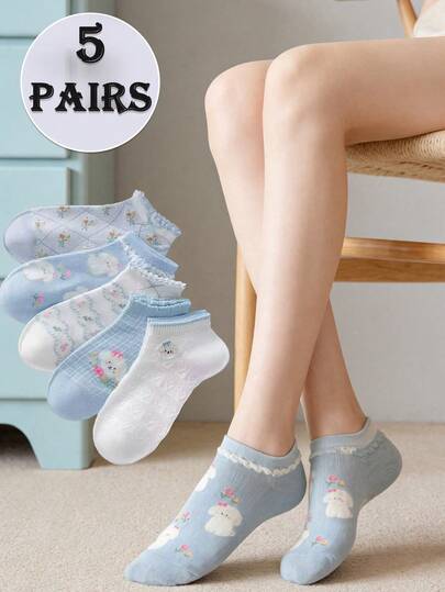 5双装女士春夏蓝白小狗花卉蕾丝边透气可爱短袜，适合日常穿着