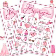 33 Stück rosa Schleifen Bingo Karten, rosa Partyspiel, geeignet für 24 Spieler, Prinzessin Puppen Bingo Spiel, geeignet für Baby-Shower, Familientreffen, Muttertag, Abschlussfeier und andere Anlässe - Verschiedenfarbig - Übersicht 1