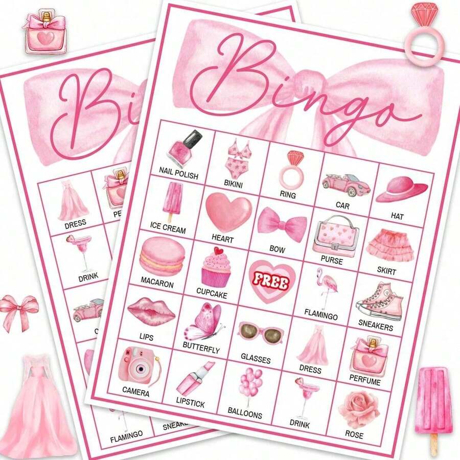 33 Stück rosa Schleifen Bingo Karten, rosa Partyspiel, geeignet für 24 Spieler, Prinzessin Puppen Bingo Spiel, geeignet für Baby-Shower, Familientreffen, Muttertag, Abschlussfeier und andere Anlässe - Verschiedenfarbig - Übersicht 1