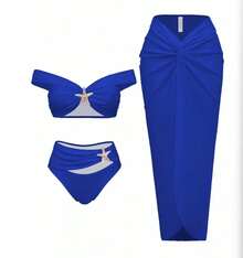 2026 New European And American Starfish Print Two-Piece Swimsuit With Long Skirt Three-Piece Bikini Set - Xanh đậm - Xem 1