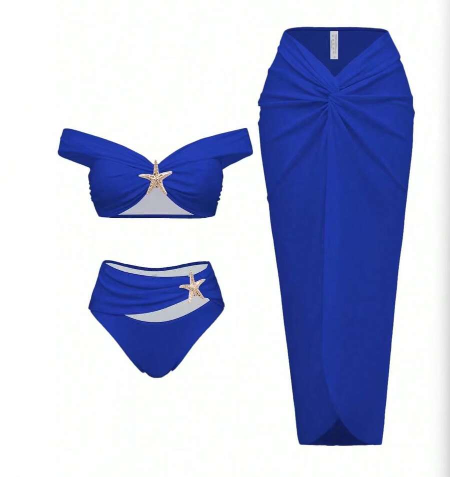 2026 New European And American Starfish Print Two-Piece Swimsuit With Long Skirt Three-Piece Bikini Set - Xanh đậm - Xem 1