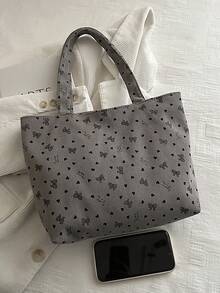 Bolso de mano con estampado de fresa, bolso de mano de estilo lindo, bolso de hombro versátil de gran capacidad y moda para mujer, de pana, Kawaii - Gris - Ver 4