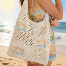 Women's Beach-Style Tote Bag, Casual Beach Bag, Wave Embroidery, Large-Capacity Vintage Knitted Bag, Summer Vibe Beach Shopping Bag - nâu nhạt - Xem 3
