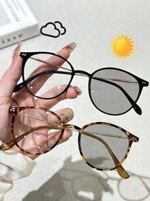 2 Cặp kính thời trang gọng tròn, họa tiết da báo dễ thương, đổi màu tự động, kiểu dáng thường ngày, thích hợp cho mùa xuân/hè. - 2 chiếc họa tiết da báo đen - Xem 1