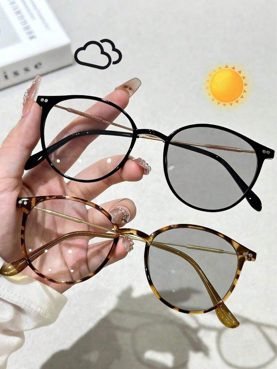 2 Cặp kính thời trang gọng tròn, họa tiết da báo dễ thương, đổi màu tự động, kiểu dáng thường ngày, thích hợp cho mùa xuân/hè. - 2 chiếc họa tiết da báo đen - Xem 1
