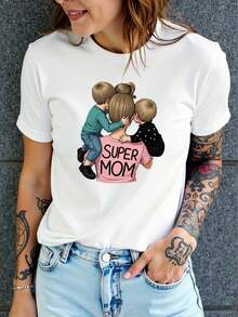 Women's Super Mom Print T-Shirt - Short Sleeve Round Neck Casual Top With "Super Mom" & "Mom" Text, Comfortable & Breathable Fabric Suitable For Casual Attire, Motherhood Apparel - 白色 - 查看 1